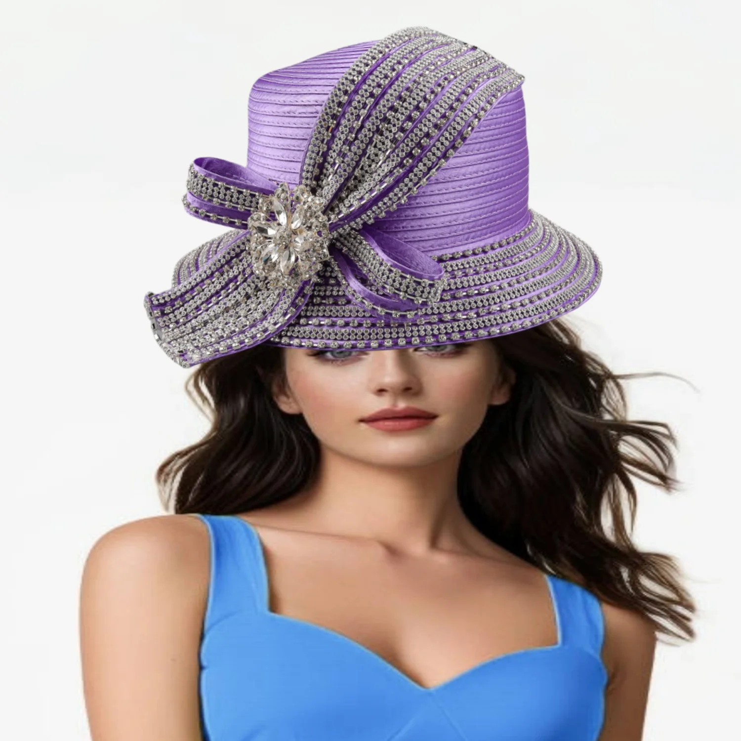 Color: ROYAL BLUE - Unique Satin Cloth Church Hat Perfect Photography Rhinestone Formal Top Hat Deluxe Banquet Flower Wedding Hat Female Fascinator