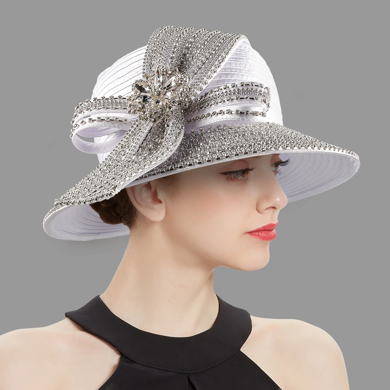 Color: ROYAL BLUE - Unique Satin Cloth Church Hat Perfect Photography Rhinestone Formal Top Hat Deluxe Banquet Flower Wedding Hat Female Fascinator