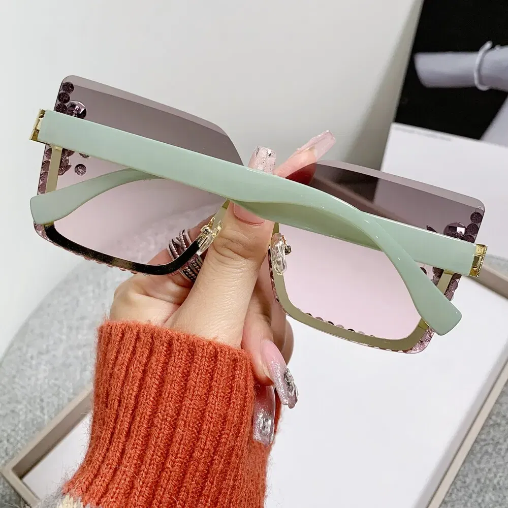 Frame Color: Green, Lenses Color: Black - Women Festival Bling Rhinestone Square Sunglasses Female Trendy Gradient Crystal Rave Glasses For Party