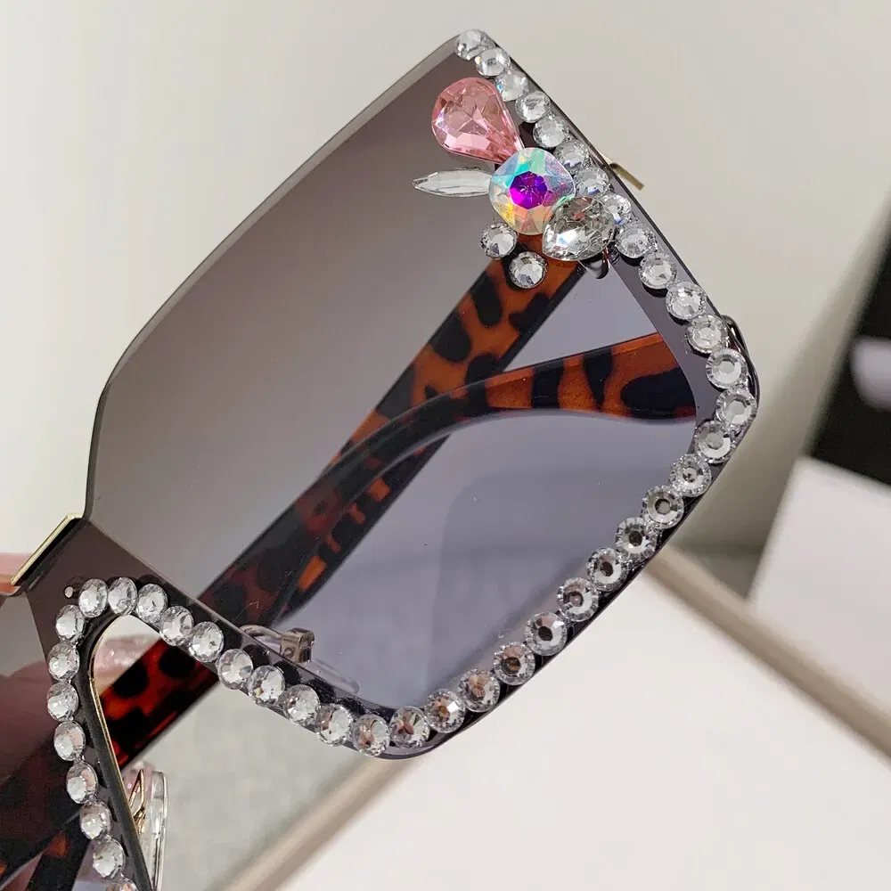 Frame Color: Green, Lenses Color: Black - Women Festival Bling Rhinestone Square Sunglasses Female Trendy Gradient Crystal Rave Glasses For Party