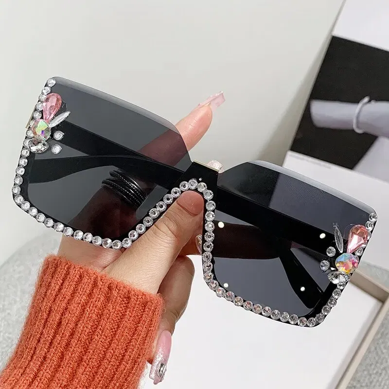 Frame Color: Green, Lenses Color: Black - Women Festival Bling Rhinestone Square Sunglasses Female Trendy Gradient Crystal Rave Glasses For Party