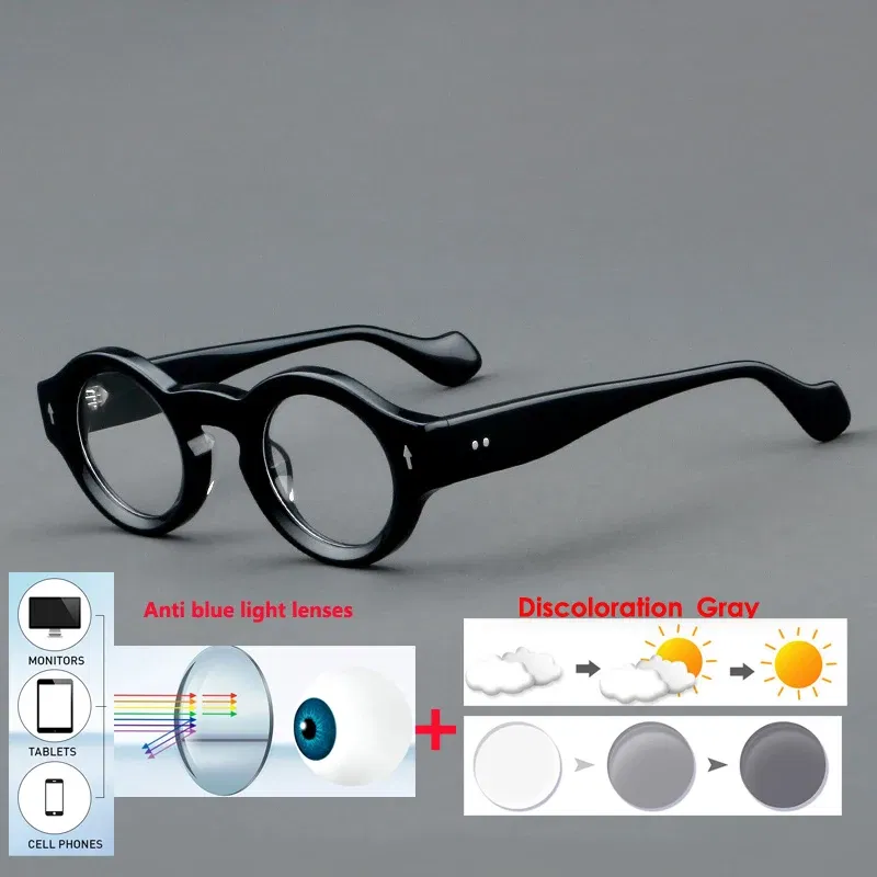Frame Color: Blue, Eye Prescription: +600 - VCKA Round Acetate Myopia Anti-blue Discolor Glasses Vintage Men Prescription Intensification Custom Optics Eyewear -0.50 to -10