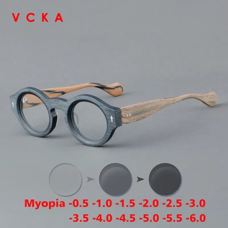 Frame Color: Blue, Eye Prescription: +600 - VCKA Round Acetate Myopia Anti-blue Discolor Glasses Vintage Men Prescription Intensification Custom Optics Eyewear -0.50 to -10