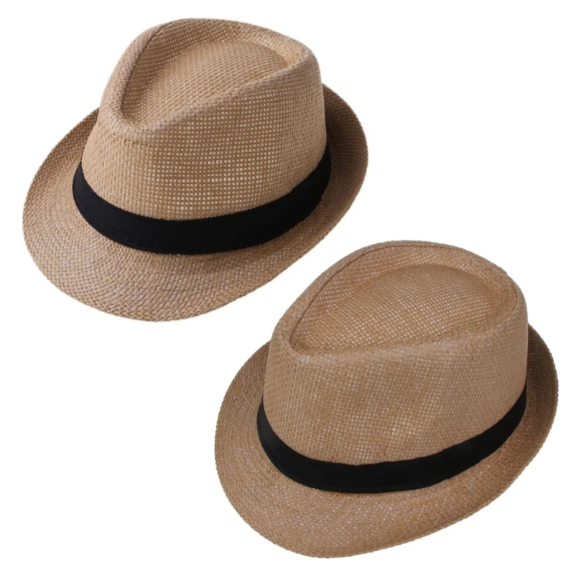 Color: Beige - Children Kids Summer Beach Straw Hat Panama Breathable Hat Large Brim Outdoor Breathable Hats Girls Boy Sunhat