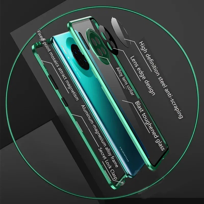 Color: Silver, Material: Nylon - Double Sided Glass Magnetic Metal Snap Lock Phone Case For Honor Magic 4 5 Ultimate 6 Lite 7 Pro Lens Protection Cover Cases