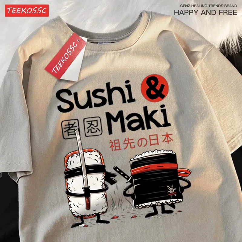 Color: GRAY, Size: XXL - Theduc Sushi And Sushi Printing Men Women Tshirt Cotton T-Shirts Loose T Shirt Crewneck Loose Tops Fashion Clothes Unisex