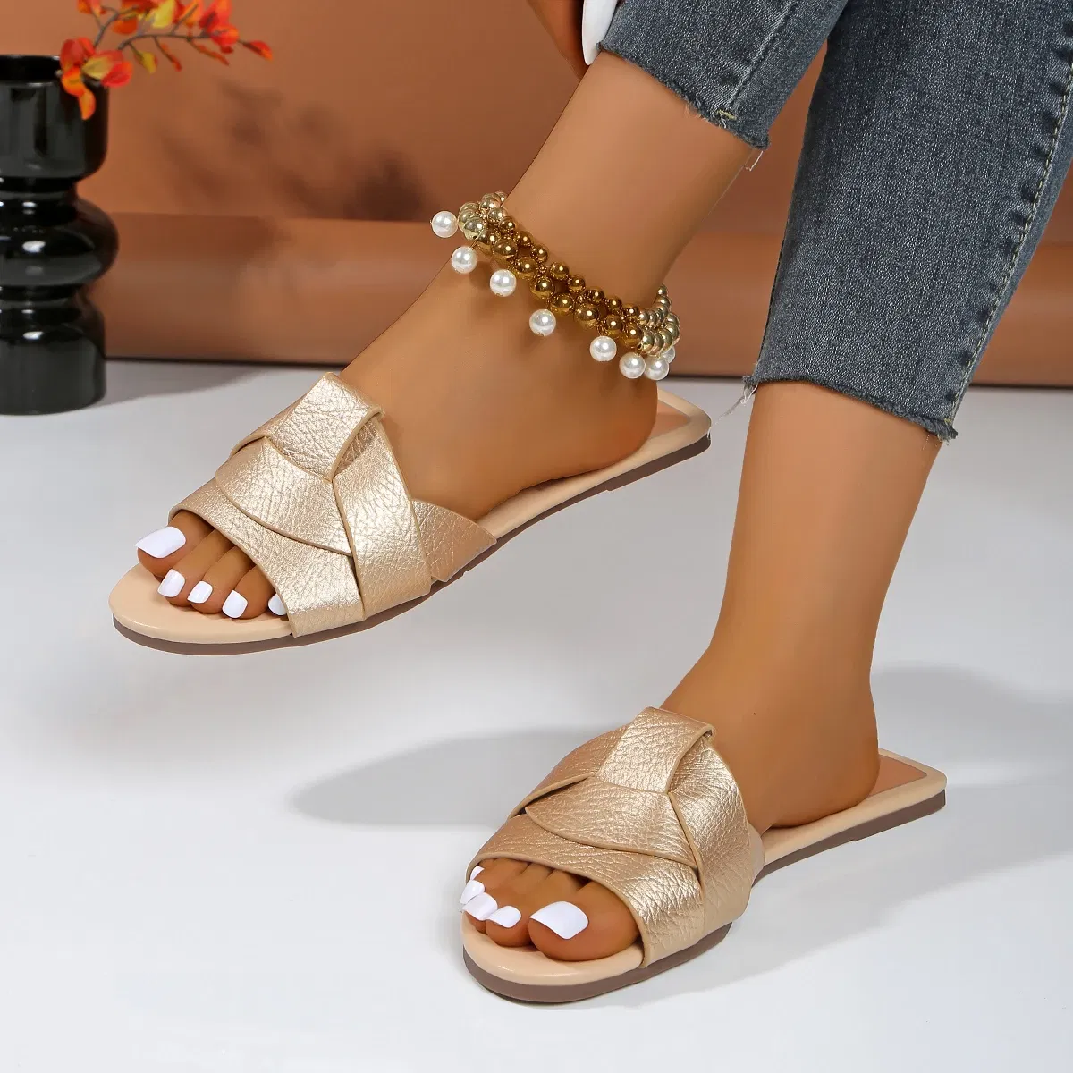 Color: Gold, Shoe Size: 43 - New Fashion Slippers Women Sexy Flat Sandals Casual Ladies Sand Beach Slippers Elegant Fish Mouth Slippers Women