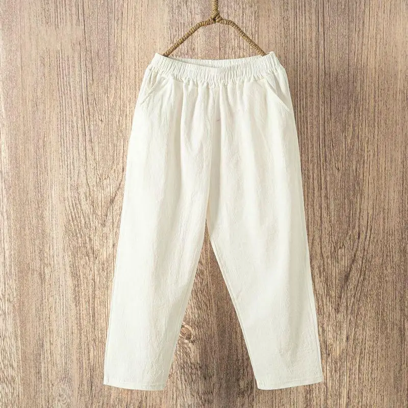 Color: WHITE, Size: One Size - Women Summer Casual Loose Harem Elastic Waist Cotton Linen Pants Ninth Trousers