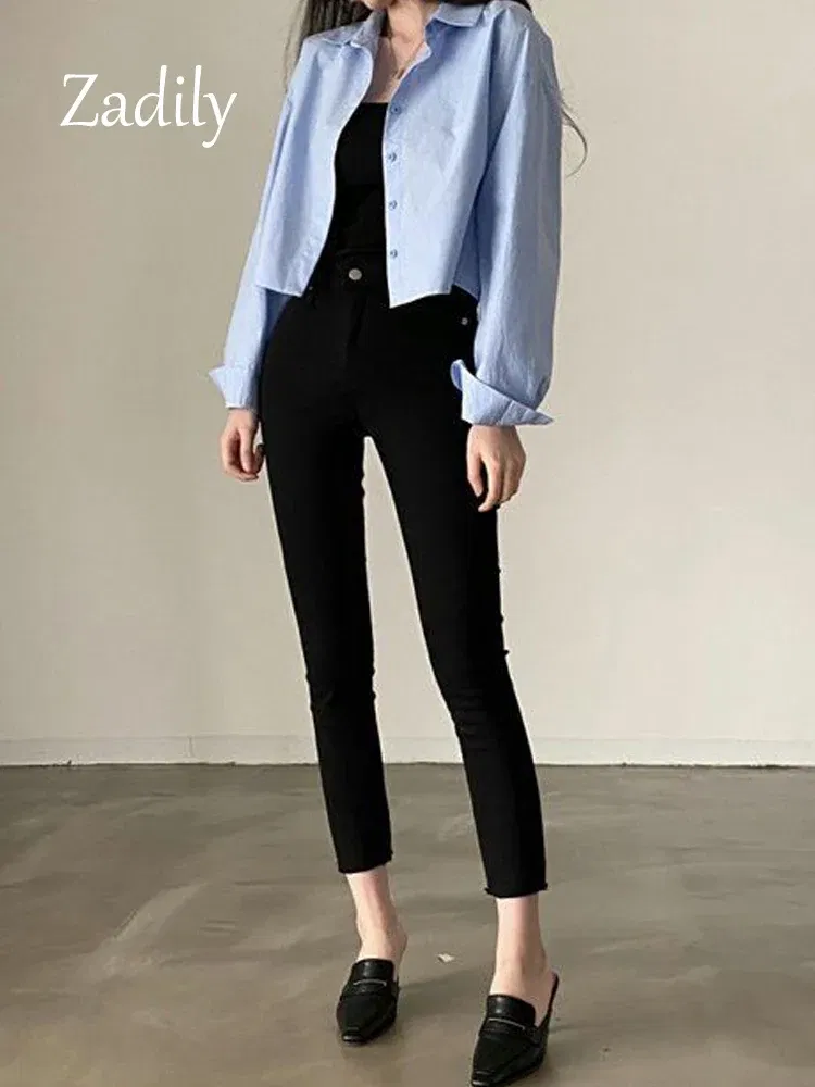 Color: Beige, Size: L - Zadily 2023 Spring New Casual Long Sleeve Women White Shirt Korea Style Solid Button Split Woman Crop Tops Blouse Party Clothing