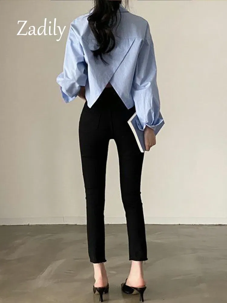 Color: Beige, Size: L - Zadily 2023 Spring New Casual Long Sleeve Women White Shirt Korea Style Solid Button Split Woman Crop Tops Blouse Party Clothing