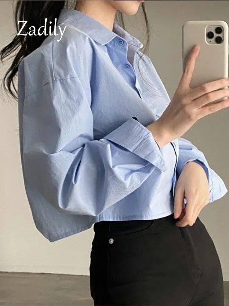 Color: Beige, Size: L - Zadily 2023 Spring New Casual Long Sleeve Women White Shirt Korea Style Solid Button Split Woman Crop Tops Blouse Party Clothing