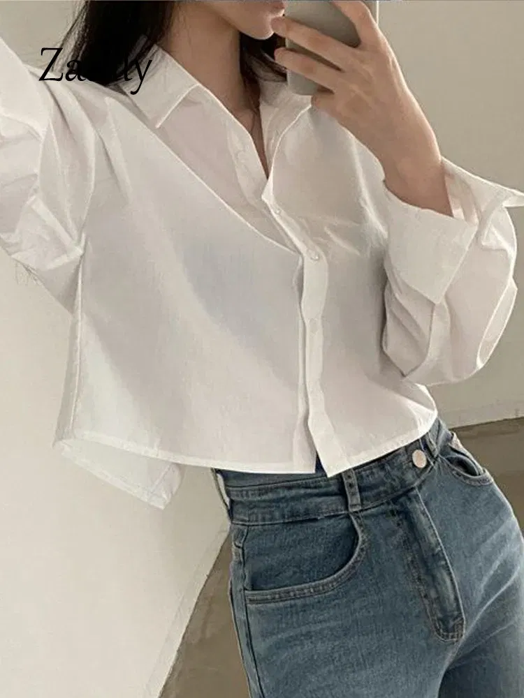 Color: Beige, Size: L - Zadily 2023 Spring New Casual Long Sleeve Women White Shirt Korea Style Solid Button Split Woman Crop Tops Blouse Party Clothing