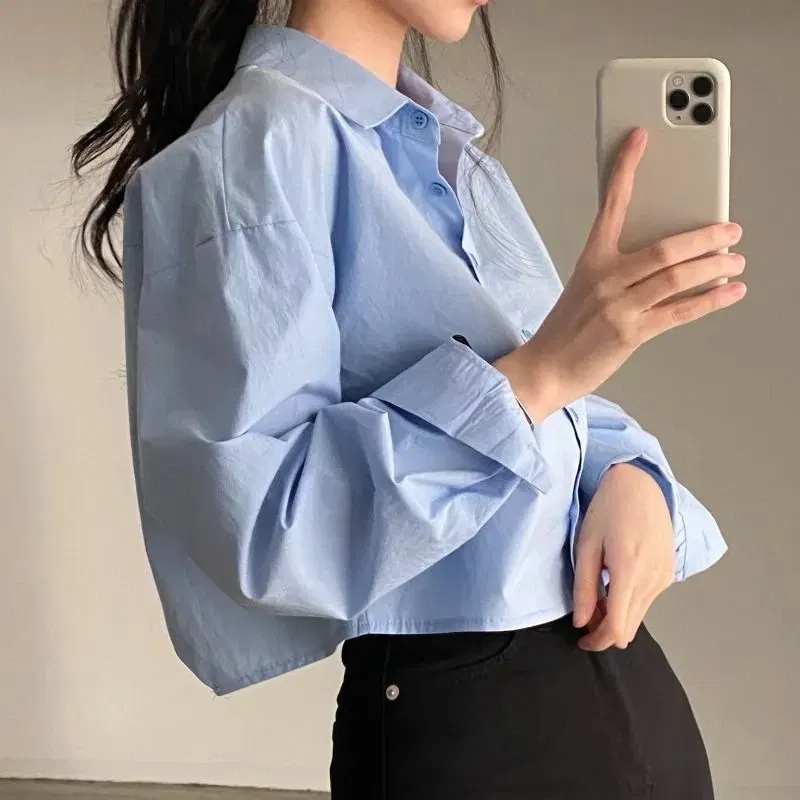Color: Beige, Size: L - Zadily 2023 Spring New Casual Long Sleeve Women White Shirt Korea Style Solid Button Split Woman Crop Tops Blouse Party Clothing