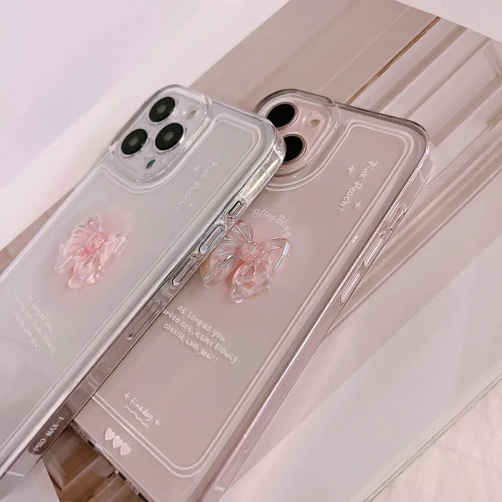 Material: Silicon, Color: WHITE - NEW 3D Bow Transparent Mobile Phone Case For IPhone 15 14 Plus 13 Pro Max 12 Pro 11 Stereo Crystal Candy Cute Full Soft Cover