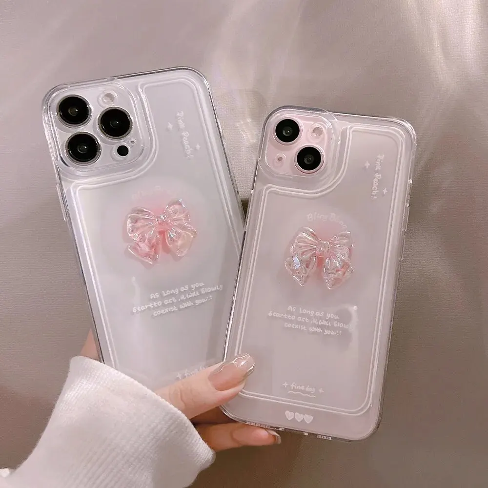 Material: Silicon, Color: WHITE - NEW 3D Bow Transparent Mobile Phone Case For IPhone 15 14 Plus 13 Pro Max 12 Pro 11 Stereo Crystal Candy Cute Full Soft Cover