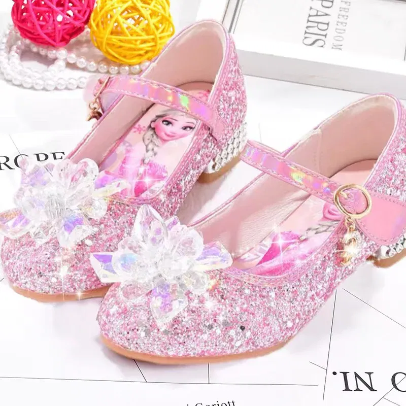 Color: Pink, Shoe Size: 29 - Disney Princess Elsa Leather Shoes Girls' High Heels Shoes Fashion Girls' Crystal Shiny Children's Blue Pink Shoes Size 26-35