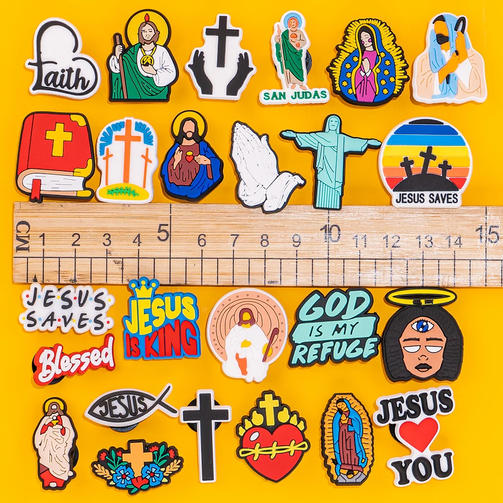 Color: Red - 1pcs New Shoe Charm Religion PVC Clog Charms Crucifix Blessed Virgin Mary Clog Pin Clips Jeans Garden Sandal Shoe Decoration