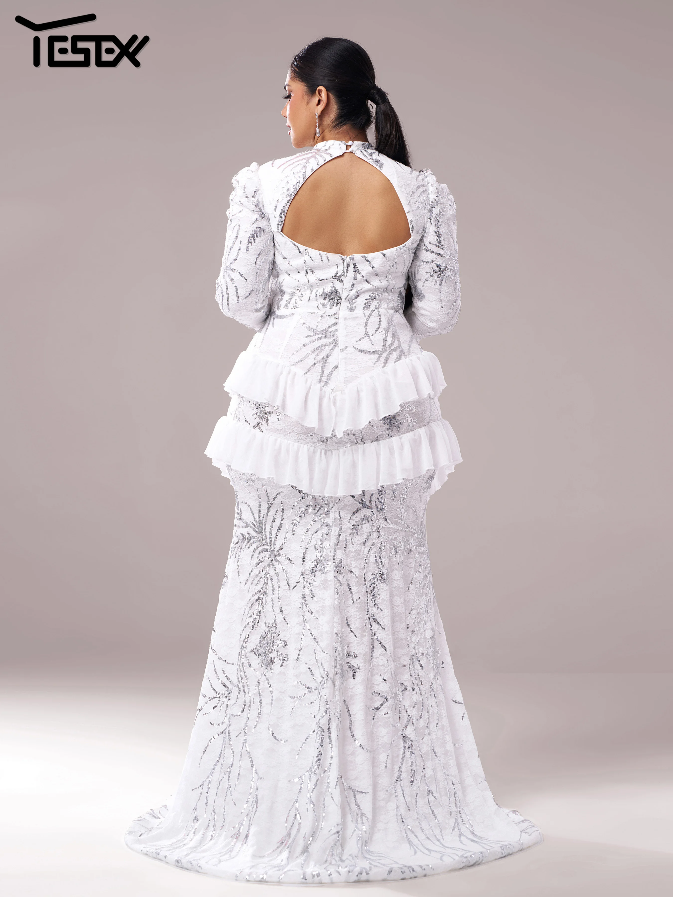 Yesexy Plus Size Elegant Beautiful Women Round Neck Long Sleeved Split Evening Gown Wedding Birthday Party Formal Occasion Dress