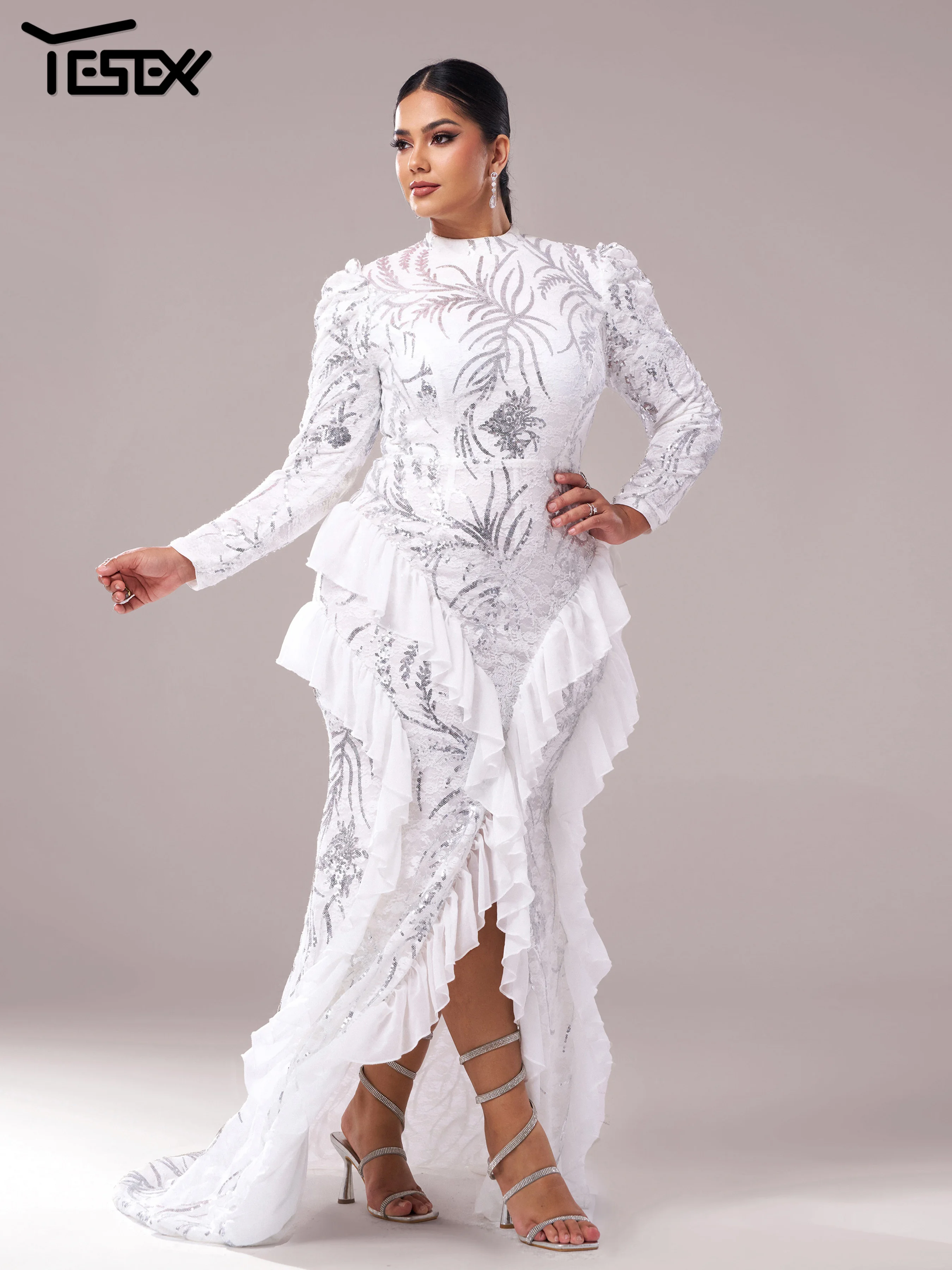 Yesexy Plus Size Elegant Beautiful Women Round Neck Long Sleeved Split Evening Gown Wedding Birthday Party Formal Occasion Dress