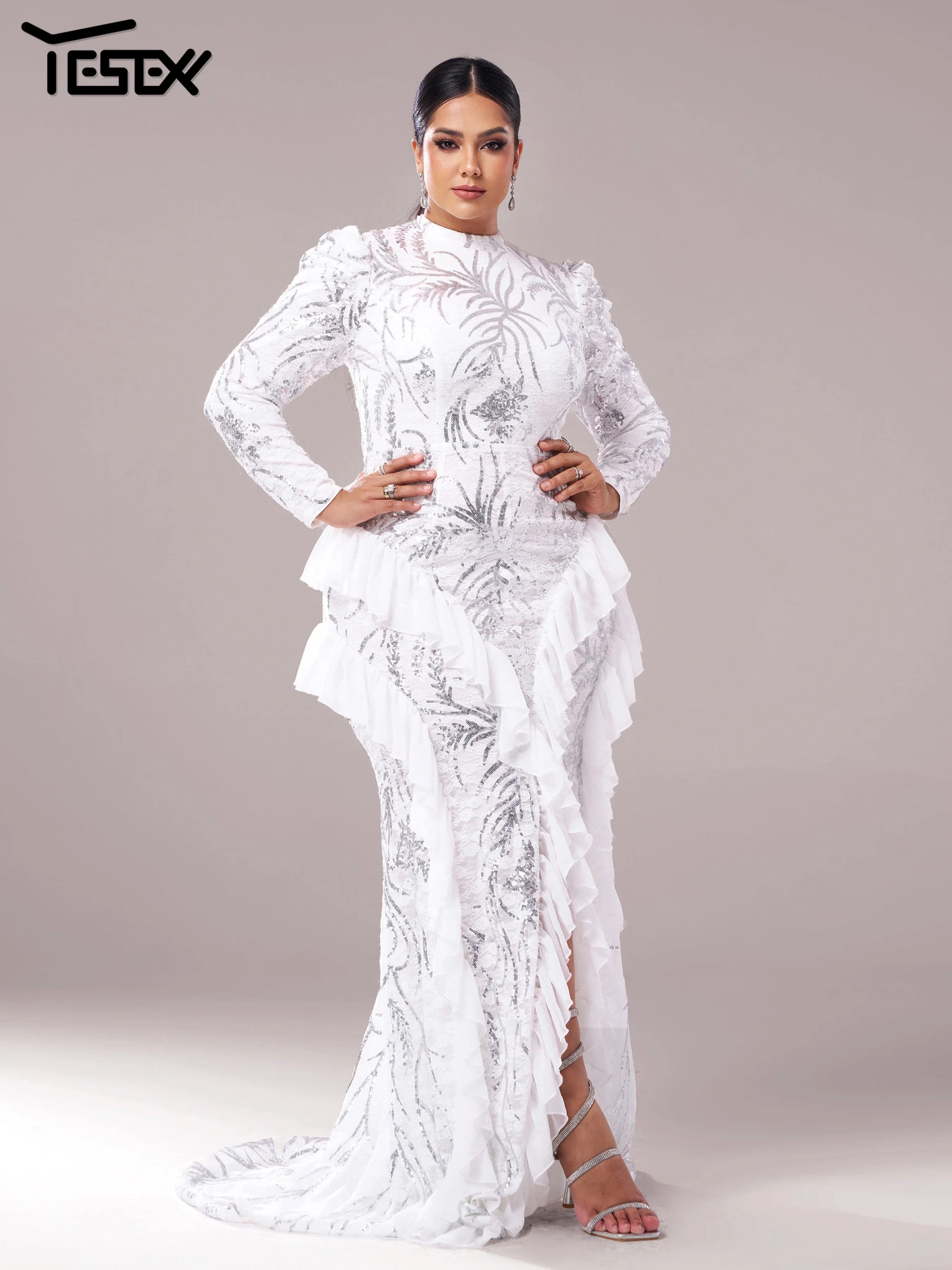 Yesexy Plus Size Elegant Beautiful Women Round Neck Long Sleeved Split Evening Gown Wedding Birthday Party Formal Occasion Dress