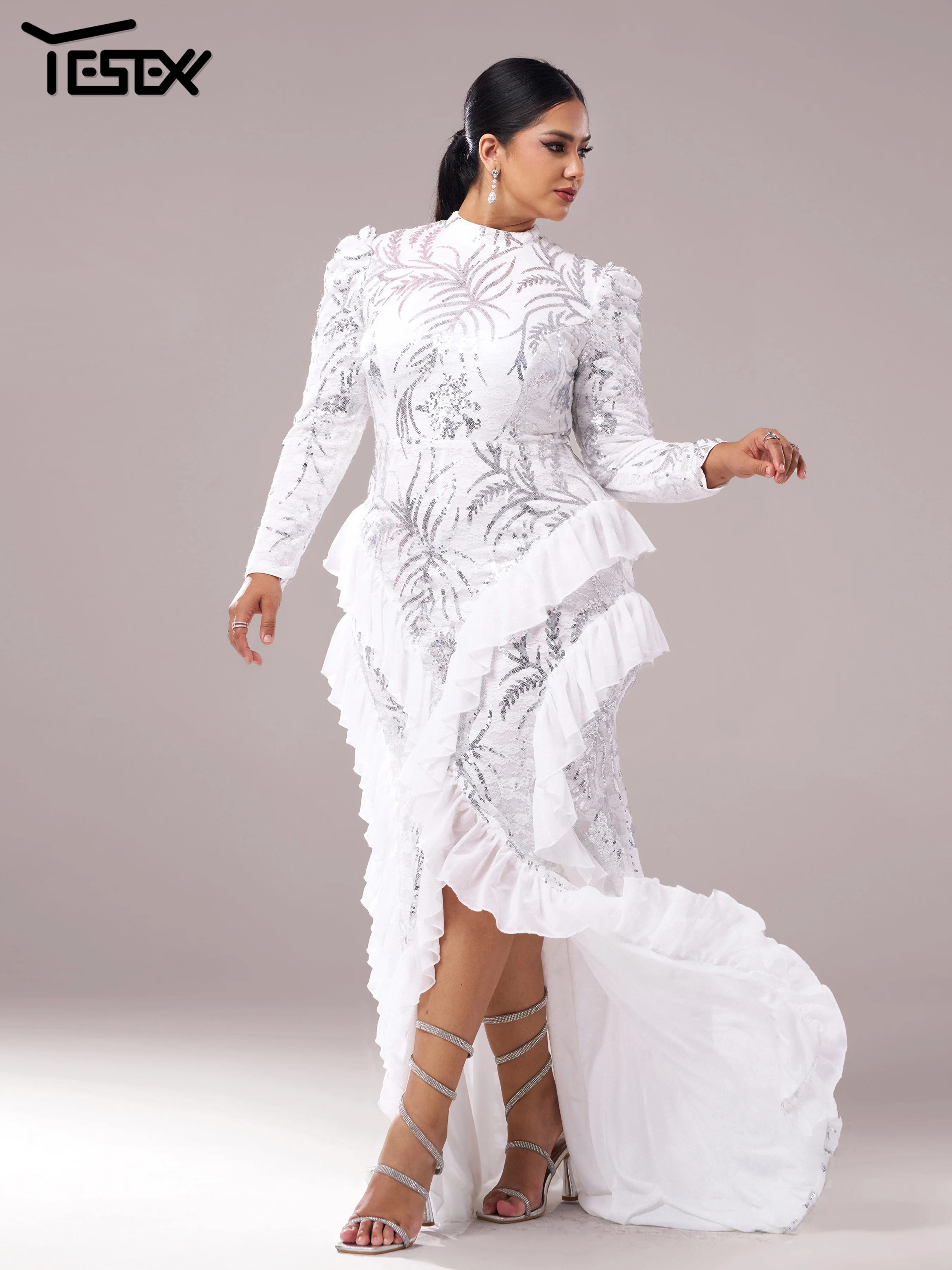 Yesexy Plus Size Elegant Beautiful Women Round Neck Long Sleeved Split Evening Gown Wedding Birthday Party Formal Occasion Dress