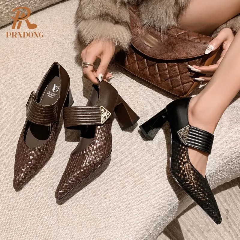 Color: Brown, Shoe Size: 40 - PRXDONG Genuine Leather Women Pumps 2025 New Spring Summer High Heels Pointed toe Black Brown Dress Party Female Shoes Size 40