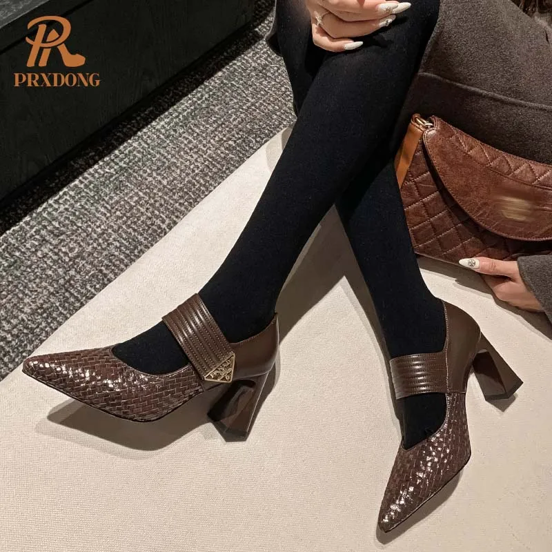Color: Brown, Shoe Size: 40 - PRXDONG Genuine Leather Women Pumps 2025 New Spring Summer High Heels Pointed toe Black Brown Dress Party Female Shoes Size 40