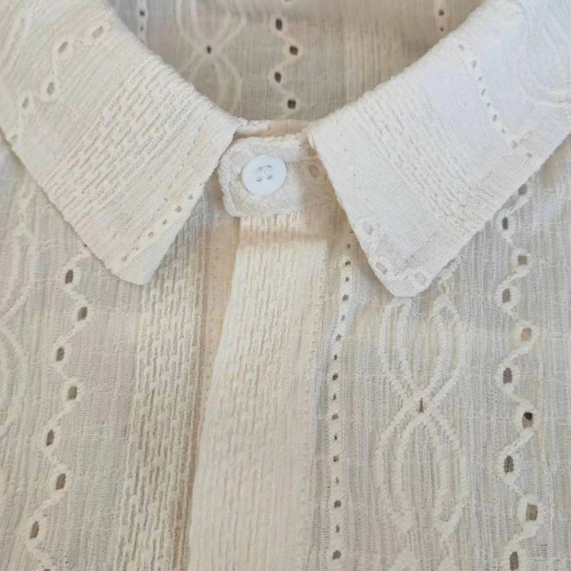 Color: Beige, Size: XXL - Shirts for men Apricot Handsome Lapel Men Blouse Vacation Hollow Out Sexy Fashion Men Clothing Male Mesh Long-sleeved Shirts