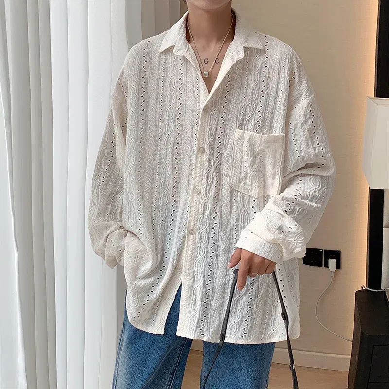 Color: Beige, Size: XXL - Shirts for men Apricot Handsome Lapel Men Blouse Vacation Hollow Out Sexy Fashion Men Clothing Male Mesh Long-sleeved Shirts