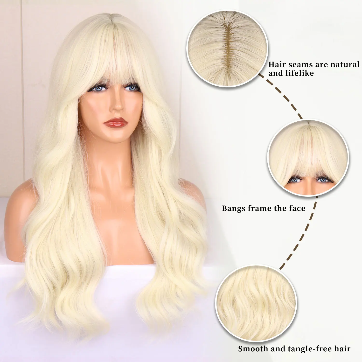 Color: T1B/613 - Blonde synthetic wig with straight bangs Ladies Cosplay wig High temperature silk wig set with big waves and long curly hair