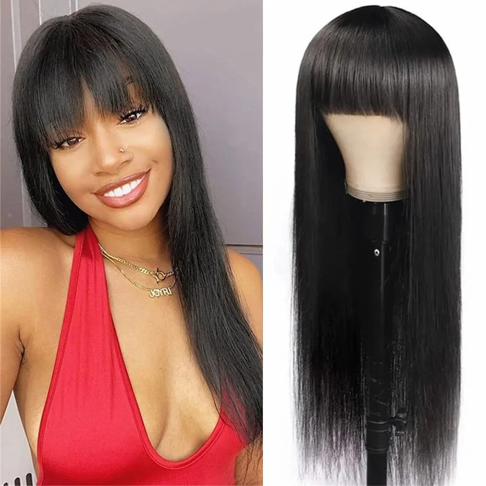 Stretched Length: 22INCHES, Density: 180% - Silky Wig Human Hair Full Machine Made Straight 100% Human Hair Wigs With Bangs For Women Brazilian Cheap Wig On Sale Clearance