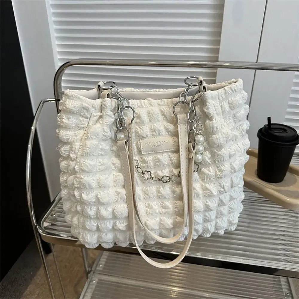 Color: Beige - Large Capacity Ladies Tote Bag Fashion Plaid Women's Beaded Chain Shoulder Bags Soft Fabric Commuter Female Handbags Purse