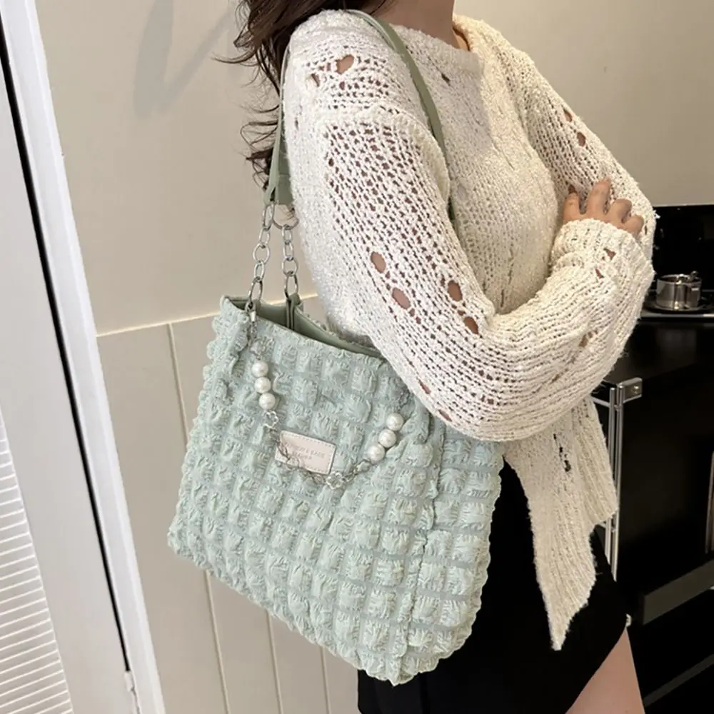 Color: Beige - Large Capacity Ladies Tote Bag Fashion Plaid Women's Beaded Chain Shoulder Bags Soft Fabric Commuter Female Handbags Purse