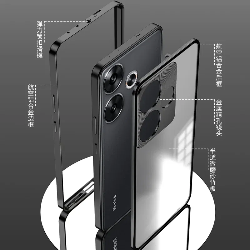 Color: Black, Material: Aluminum - Aluminium Alloy Metal Frame Case For Poco F6 Case Matte transparent Acrylic Back Cover For Xiaomi POCO F6 5G Redmi Turbo3 Bumper