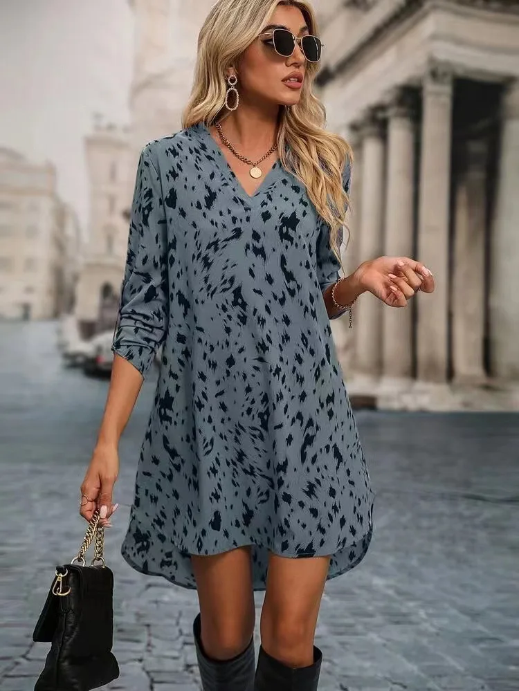 Color: Light Brown, Size: L, Ships From: CHINA - Spring Summer New Women Dress Casual Sexy V-Neck Long Sleeve Leopard Print Mini Dress Loose A-Line Shirt Dress Elegant Feminino