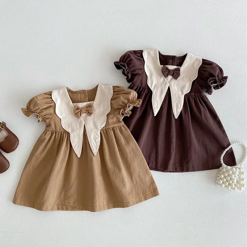 Color: Beige, Kid Size: 24M - 2024 New 0-4Yrs Baby Girl Clothing Short Sleeve Cotton Splicing Kids Princess Dresses Baby Girl Party Dress