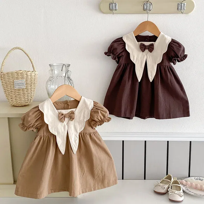Color: Beige, Kid Size: 24M - 2024 New 0-4Yrs Baby Girl Clothing Short Sleeve Cotton Splicing Kids Princess Dresses Baby Girl Party Dress