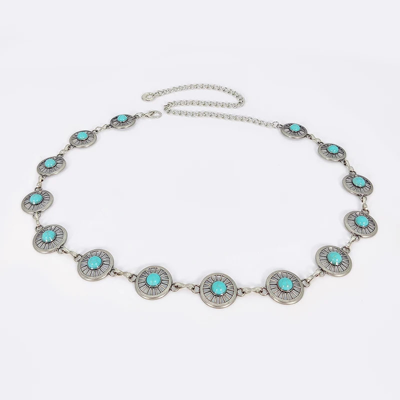 Color: Red, Belt Length: 110cm - Fashion Silver Bohemian female circular waist chain luxury blue gemstone Ellipse chain belts for women suitable for Skirts dress