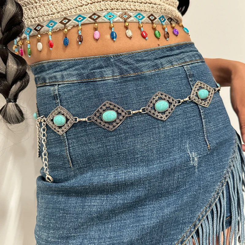 Color: Red, Belt Length: 110cm - Fashion Silver Bohemian female circular waist chain luxury blue gemstone Ellipse chain belts for women suitable for Skirts dress