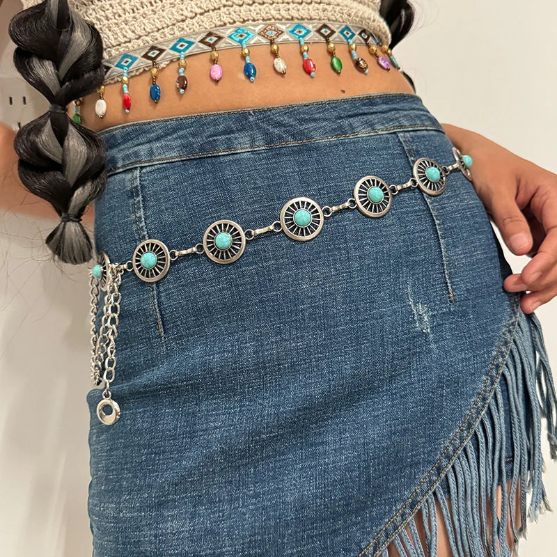 Color: Red, Belt Length: 110cm - Fashion Silver Bohemian female circular waist chain luxury blue gemstone Ellipse chain belts for women suitable for Skirts dress