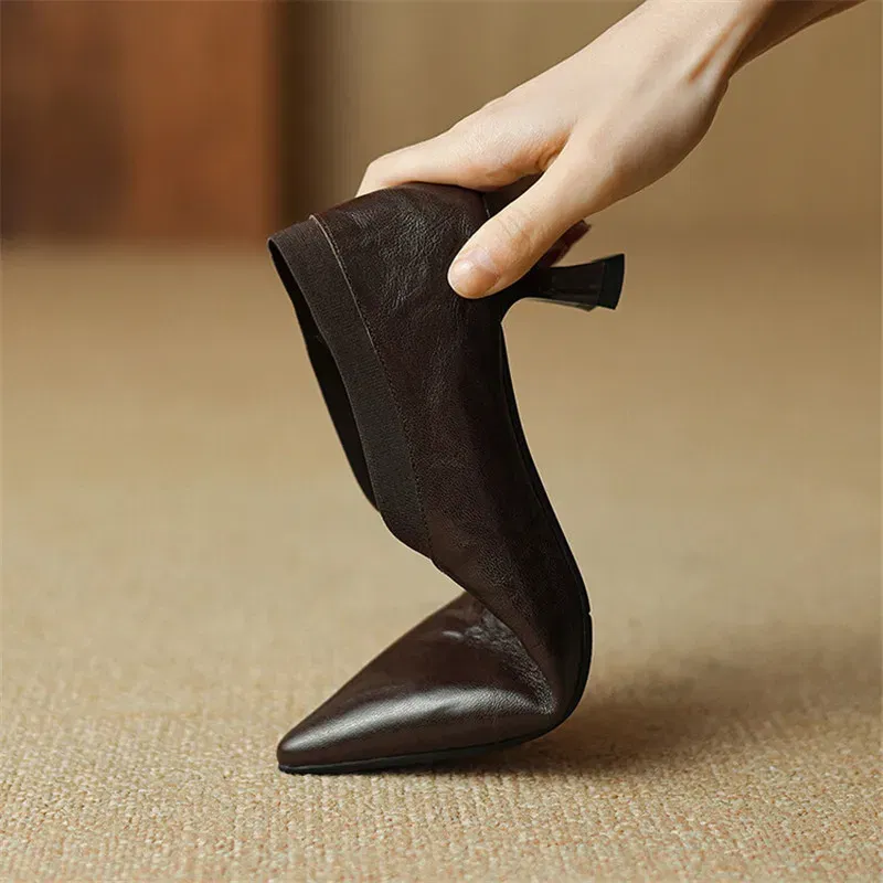 New Spring Summer Genuine Leather Women Shoes Fashion Pointed Toe Women Pumps High Heels Zapatos Mujer Ladies Shoes Brown