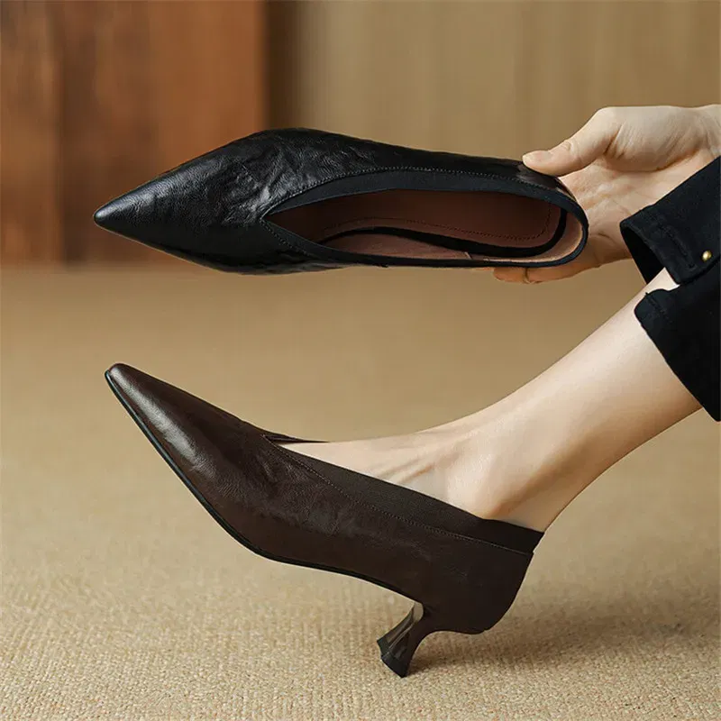 New Spring Summer Genuine Leather Women Shoes Fashion Pointed Toe Women Pumps High Heels Zapatos Mujer Ladies Shoes Brown