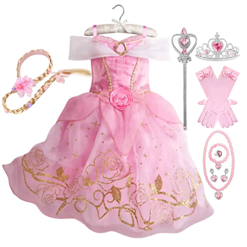 Color: Beige, Kid Size: 2T - Children Halloween Disguise Aurora Cinderella Disney Princess Costume Festival Dress up Kids Girls Sleeping Beauty Frock 1-12Yrs