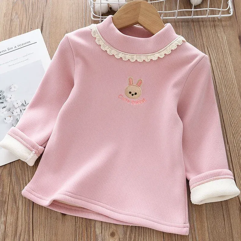 Color: Beige, Kid Size: 7 - 1pcs Children's T-Shirts Rabbit Embroidery Velvet warm top Kids Half High Collar Long Sleeve Base Shirt Girls Tshirts Clothes
