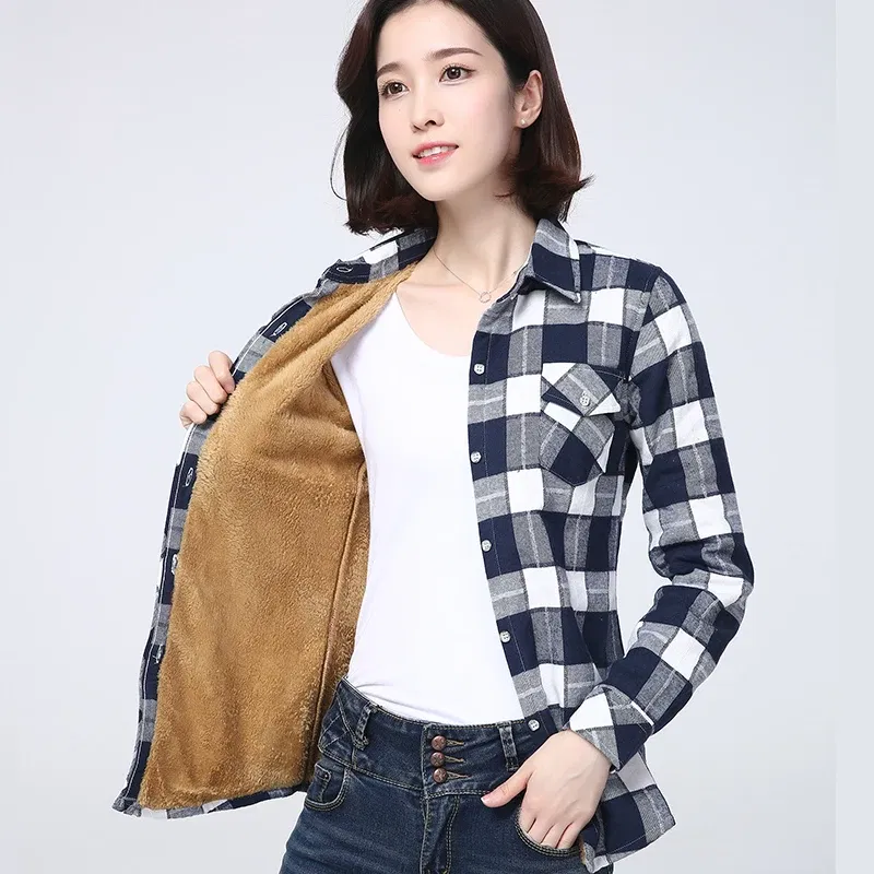 Color: Khaki, Size: 4XL - 2025 Winter New Women's Warm Plaid Shirt Coat Casual Fleece Velvet Plus Thicke Jacket Tops College Style Woman Clothes Outerwear