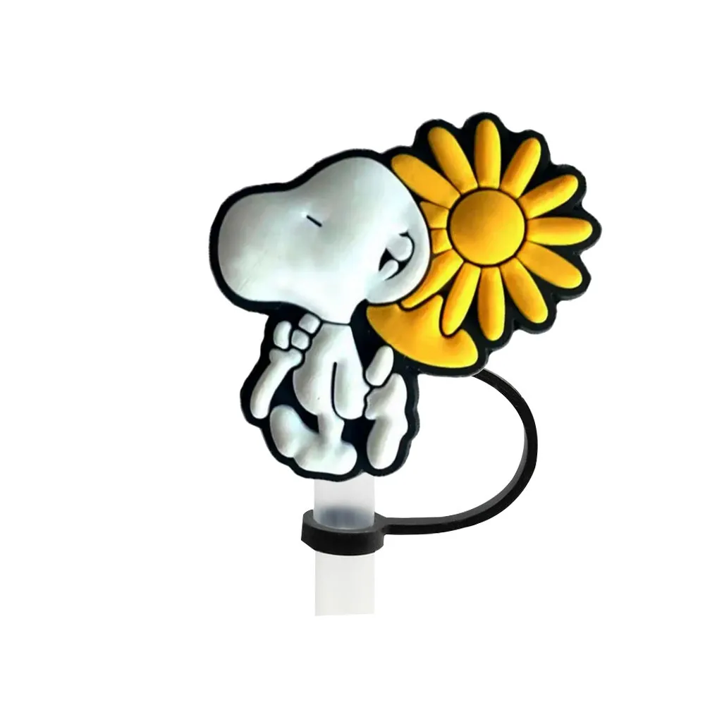 Color: Gold - 1-12PCS Cute  MINISO Snoopy Straw Cover Cap With 30&40Oz Cup10mm Straw Toppers Reusable Dust-Proof Straw Caps Cartoon Drink Stra