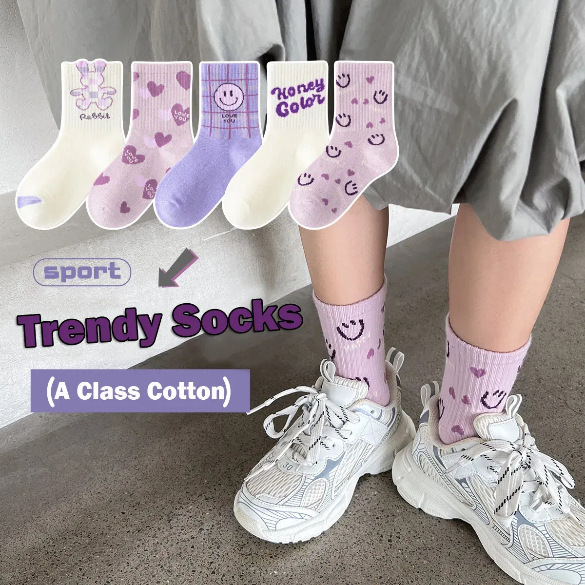 Color: black, Size: 4-6T - 5 Pairs Girls Socks Cotton Socks Spring Autumn Letter Pattern Calf Socks A Class Sporty Socks