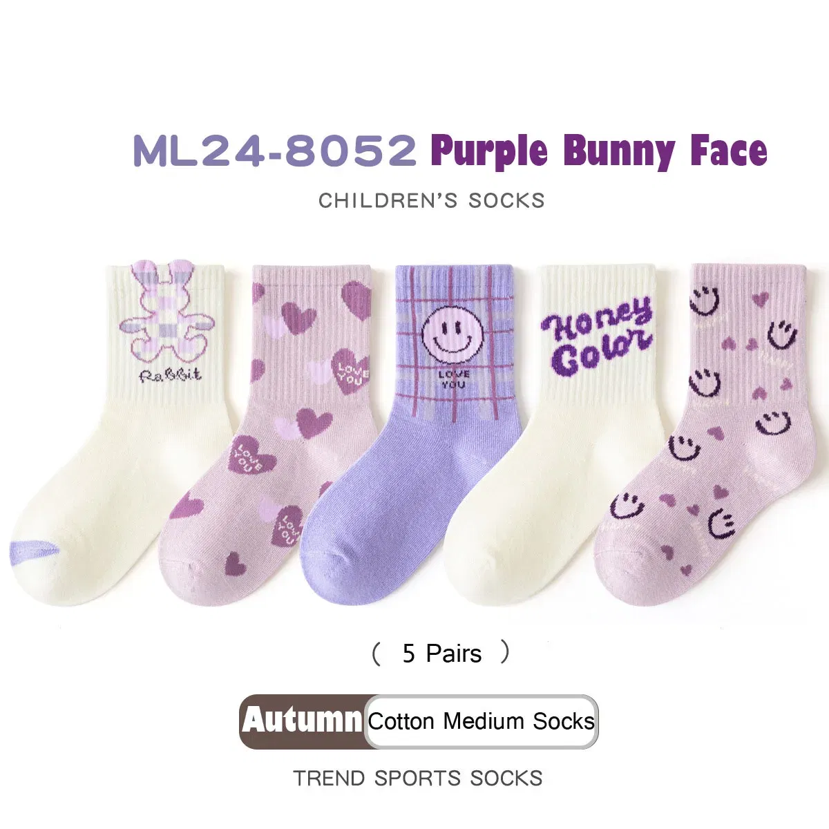 Color: black, Size: 4-6T - 5 Pairs Girls Socks Cotton Socks Spring Autumn Letter Pattern Calf Socks A Class Sporty Socks