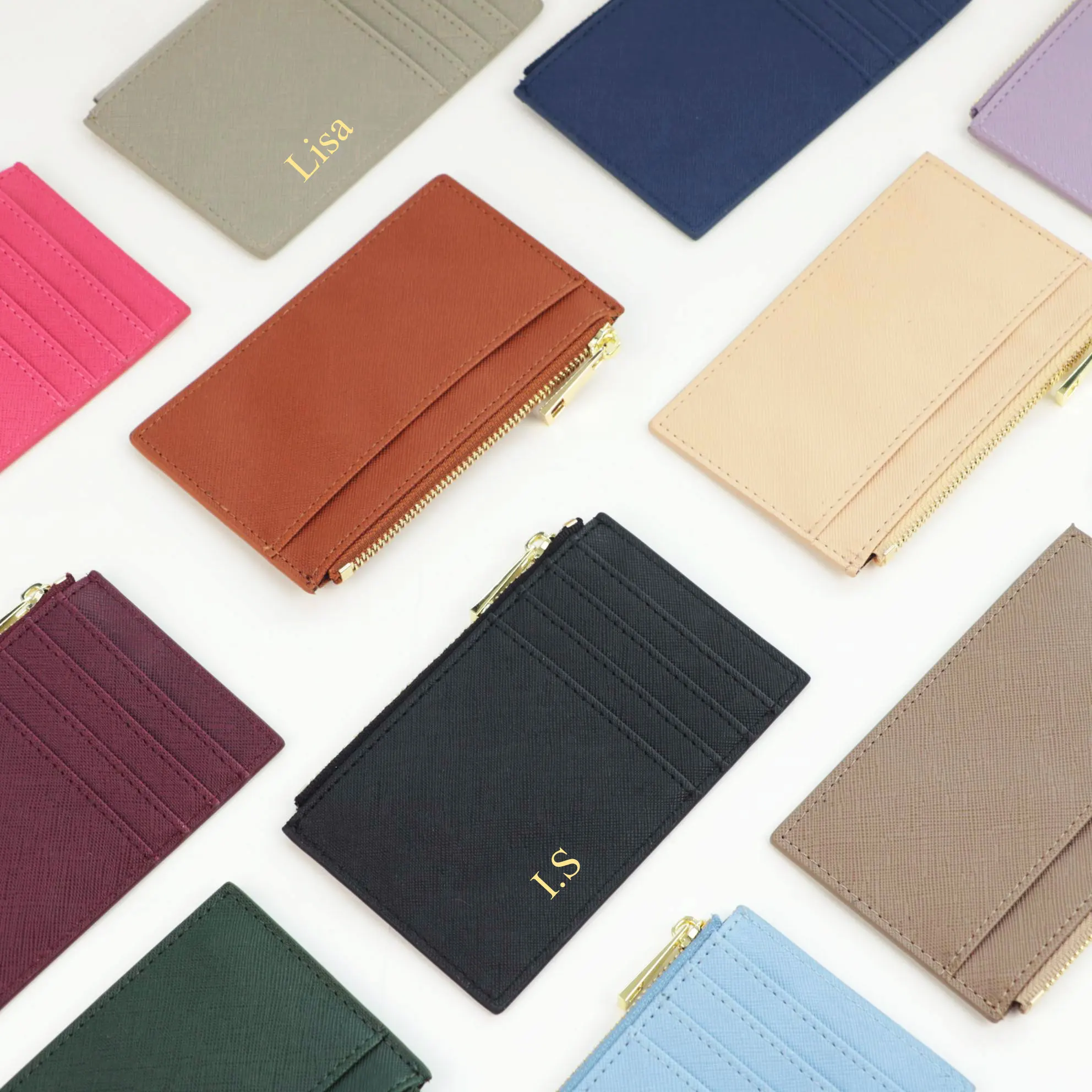 Color: Coffee - Custom Name Saffiano Leather Zip CardHolder Multiple Colors Ultra Thin Coin Purse Drop Shipping Small  Women Credit Card Wallet