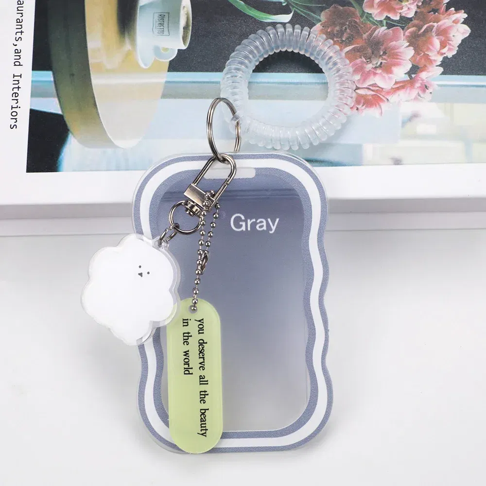 Color: grey - INS Transparent Photocard Holder with Spring Keychain Idol Photo Protective Case 3 Inch Photo Card Holder Student ID Card Cover